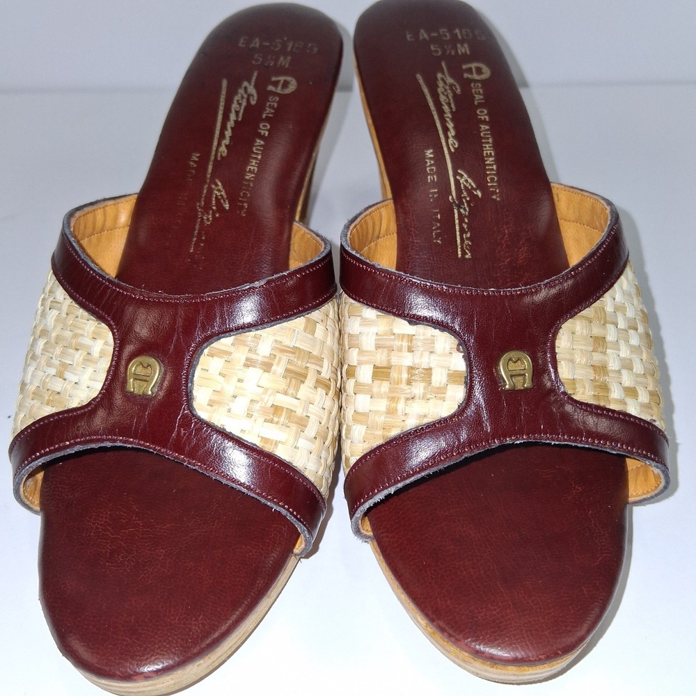 Etienne Aigner Vintage 70's Leather Open Toe Mule Sandel‎ Burgundy Oxblood 5.5